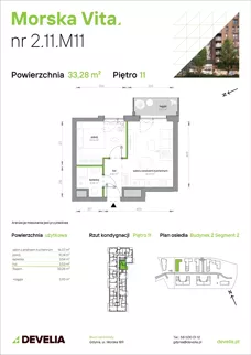 2 pokoje, mieszkanie 33,28 m², piętro 11, oferta nr 2.11.M11, Morska Vita II, Gdynia, Leszczynki, Leszczynki, ul. Działdowska 3A