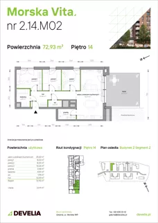 4 pokoje, mieszkanie 72,93 m², piętro 14, oferta nr 2.14.M02, Morska Vita II, Gdynia, Leszczynki, Leszczynki, ul. Działdowska 3A