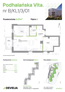3 pokoje, mieszkanie 61,37 m², piętro 3, oferta nr B/KL1/3/01, Podhalańska Vita II etap, Wrocław, Żerniki, Złotniki, ul. Podhalańska