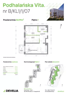 3 pokoje, mieszkanie 54,99 m², piętro 1, oferta nr B/KL1/1/07, Podhalańska Vita II etap, Wrocław, Żerniki, Złotniki, ul. Podhalańska