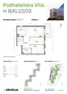 3 pokoje, mieszkanie 63,77 m², piętro 2, oferta nr B/KL1/2/03, Podhalańska Vita II etap, Wrocław, Żerniki, Złotniki, ul. Podhalańska