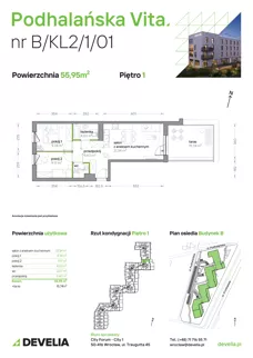 3 pokoje, mieszkanie 55,95 m², piętro 1, oferta nr B/KL2/1/01, Podhalańska Vita II etap, Wrocław, Żerniki, Złotniki, ul. Podhalańska