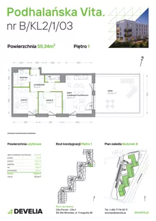 3 pokoje, mieszkanie 55,34 m², piętro 1, oferta nr B/KL2/1/03, Podhalańska Vita II etap, Wrocław, Żerniki, Złotniki, ul. Podhalańska