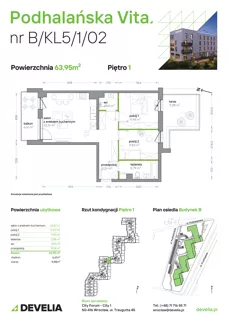 3 pokoje, mieszkanie 63,95 m², piętro 1, oferta nr B/KL5/1/02, Podhalańska Vita II etap, Wrocław, Żerniki, Złotniki, ul. Podhalańska