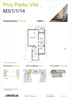 4 pokoje, mieszkanie 77,77 m², piętro 1, oferta nr M3/1/1/14, Przy Parku Vita III etap, Wrocław, Tarnogaj, Krzyki, ul. Międzyleska