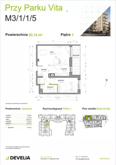 2 pokoje, mieszkanie 50,14 m², piętro 1, oferta nr M3/1/1/5, Przy Parku Vita III etap, Wrocław, Tarnogaj, Krzyki, ul. Międzyleska