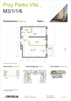 3 pokoje, mieszkanie 59,30 m², piętro 1, oferta nr M3/1/1/6, Przy Parku Vita III etap, Wrocław, Tarnogaj, Krzyki, ul. Międzyleska