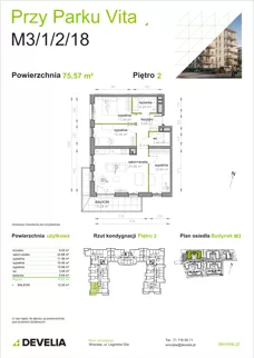 4 pokoje, mieszkanie 75,57 m², piętro 2, oferta nr M3/1/2/18, Przy Parku Vita III etap, Wrocław, Tarnogaj, Krzyki, ul. Międzyleska