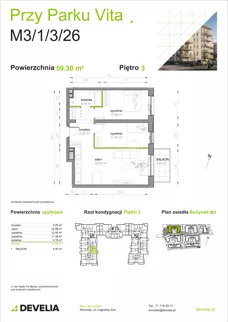 3 pokoje, mieszkanie 59,30 m², piętro 3, oferta nr M3/1/3/26, Przy Parku Vita III etap, Wrocław, Tarnogaj, Krzyki, ul. Międzyleska