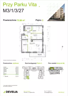 4 pokoje, mieszkanie 75,88 m², piętro 3, oferta nr M3/1/3/27, Przy Parku Vita III etap, Wrocław, Tarnogaj, Krzyki, ul. Międzyleska