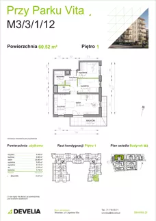 3 pokoje, mieszkanie 60,52 m², piętro 1, oferta nr M3/3/1/12, Przy Parku Vita III etap, Wrocław, Tarnogaj, Krzyki, ul. Międzyleska
