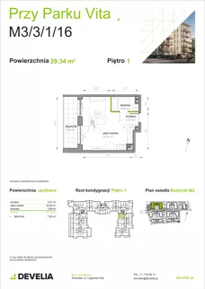 1 pokój, mieszkanie 29,34 m², piętro 1, oferta nr M3/3/1/16, Przy Parku Vita III etap, Wrocław, Tarnogaj, Krzyki, ul. Międzyleska