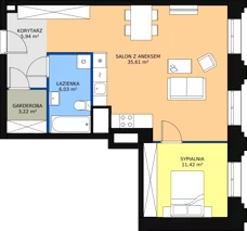 2 pokoje, apartament 62,24 m², piętro 1, oferta nr AA.01, Strefa Progress, Łódź, Śródmieście, Śródmieście-Wschód, al. Kościuszki 132 / ul. Piotrkowska 217