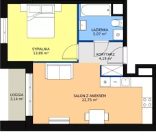 2 pokoje, apartament 46,59 m², piętro 1, oferta nr D.12, Strefa Progress, Łódź, Śródmieście, Śródmieście-Wschód, al. Kościuszki 132 / ul. Piotrkowska 217