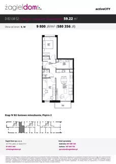 3 pokoje, mieszkanie 59,22 m², piętro 2, oferta nr D-B2-LM-52, ActiveCity etap IV, Lublin, Wrotków, ul. Henryka Wolińskiego