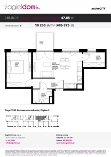 2 pokoje, mieszkanie 47,85 m², piętro 2, oferta nr D-B3-LM-15, ActiveCity etap IV, Lublin, Wrotków, ul. Henryka Wolińskiego
