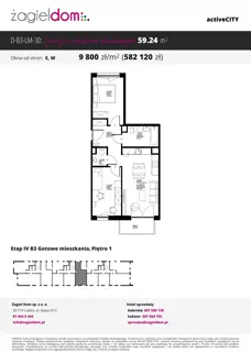 3 pokoje, mieszkanie 59,24 m², piętro 1, oferta nr D-B3-LM-30, ActiveCity etap IV, Lublin, Wrotków, ul. Henryka Wolińskiego