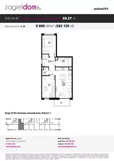 3 pokoje, mieszkanie 59,37 m², piętro 1, oferta nr D-B3-LM-49, ActiveCity etap IV, Lublin, Wrotków, ul. Henryka Wolińskiego