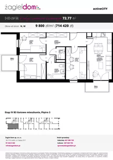 4 pokoje, mieszkanie 72,77 m², piętro 3, oferta nr D-B3-LM-56, ActiveCity etap IV, Lublin, Wrotków, ul. Henryka Wolińskiego