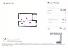 2 pokoje, mieszkanie 32,04 m², piętro 2, oferta nr 1.B.2.08, Murapol Forum, Łódź, Śródmieście, ul. Targowa