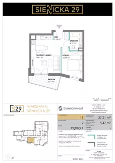 2 pokoje, mieszkanie 37,21 m², piętro 1, oferta nr 11, Siennicka 29, Warszawa, Praga Południe, Grochów, ul. Siennicka 29