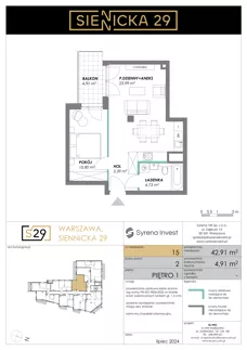 2 pokoje, mieszkanie 42,91 m², piętro 1, oferta nr 15, Siennicka 29, Warszawa, Praga Południe, Grochów, ul. Siennicka 29
