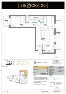 3 pokoje, mieszkanie 71,89 m², piętro 2, oferta nr 26, Siennicka 29, Warszawa, Praga Południe, Grochów, ul. Siennicka 29