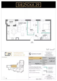 3 pokoje, mieszkanie 54,72 m², piętro 5, oferta nr 47, Siennicka 29, Warszawa, Praga Południe, Grochów, ul. Siennicka 29