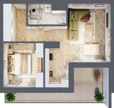 2 pokoje, mieszkanie 46,26 m², piętro 1, oferta nr E.1.1, Panorama Bańgów Etap II, Siemianowice Śląskie, Bańgów, ul. Bańgowska 32