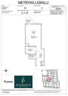 1 pokój, mieszkanie 34,97 m², piętro 1, oferta nr C1.16, Rezydencja Ogród Saski, Lublin, Wieniawa, ul. Wieniawska 7/Jasna 7