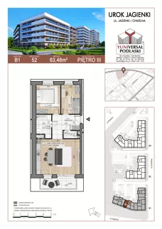 3 pokoje, mieszkanie 63,48 m², piętro 3, oferta nr 52, Urok Jagienki, Białystok, Sienkiewicza, ul. Jagienki/ Chmielna