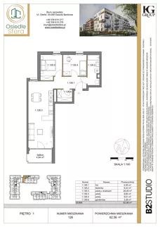 3 pokoje, mieszkanie 62,56 m², piętro 1, oferta nr 126, Osiedle Sfera - Etap II, Dawidy Bankowe, ul. Oleńki 14