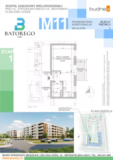 1 pokój, mieszkanie 38,20 m², piętro 2, oferta nr 1/M11, Batorego Park - Etap 1, Zielona Góra, Osiedle na Olimpie, ul. Stefana Batorego