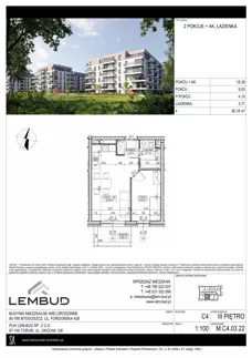 2 pokoje, mieszkanie 36,18 m², piętro 3, oferta nr M.C4.03.22, Osiedle Panorama Wiślana, Bydgoszcz, Fordon, ul. Fordońska 428