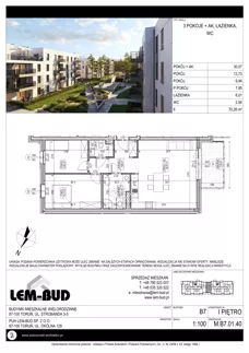 3 pokoje, mieszkanie 70,26 m², piętro 1, oferta nr M.B7.01.40, Osiedle Harmonia, Toruń, Wrzosy, JAR, ul. Strobanda 3-5