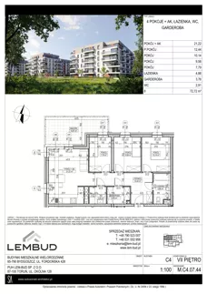 4 pokoje, mieszkanie 72,72 m², piętro 7, oferta nr M.C4.07.44, Osiedle Panorama Wiślana, Bydgoszcz, Fordon, ul. Fordońska 428