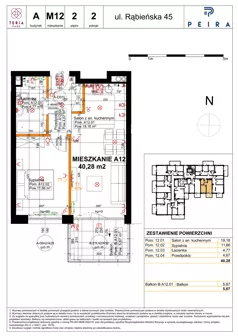 2 pokoje, mieszkanie 40,28 m², piętro 2, oferta nr A12, Teria Park, Łódź, Polesie, Złotno, ul. Rąbieńska 45
