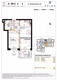 2 pokoje, mieszkanie 43,76 m², piętro 2, oferta nr A13, Teria Park, Łódź, Polesie, Złotno, ul. Rąbieńska 45
