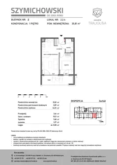 2 pokoje, mieszkanie 35,81 m², piętro 1, oferta nr B2.2.4, Osiedle Traugutta, Kościerzyna, ul. Traugutta