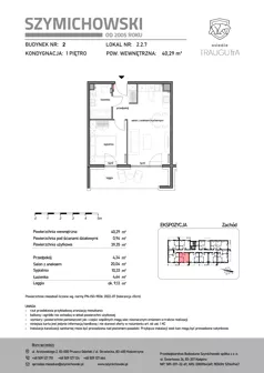 2 pokoje, mieszkanie 40,29 m², piętro 1, oferta nr B2.2.7, Osiedle Traugutta, Kościerzyna, ul. Traugutta