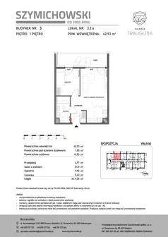 2 pokoje, mieszkanie 42,53 m², piętro 1, oferta nr B3.2.4, Osiedle Traugutta, Kościerzyna, ul. Traugutta