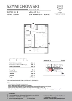 2 pokoje, mieszkanie 42,60 m², piętro 3, oferta nr B3.4.1, Osiedle Traugutta, Kościerzyna, ul. Traugutta