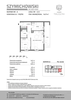 3 pokoje, mieszkanie 54,19 m², piętro 1, oferta nr B2.2.3, Osiedle Traugutta, Kościerzyna, ul. Traugutta