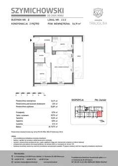 3 pokoje, mieszkanie 54,19 m², piętro 2, oferta nr B2.3.3, Osiedle Traugutta, Kościerzyna, ul. Traugutta