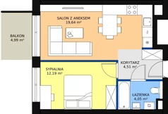 2 pokoje, mieszkanie 41,92 m², piętro 3, oferta nr 1.25, La Vie House, Kraków, Podgórze, ul. Łagiewnicka