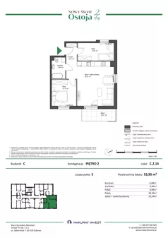 3 pokoje, mieszkanie 55,95 m², piętro 2, oferta nr C.2.14, Nowy Świat Ostoja II etap, Gdańsk, Barniewice, ul. Malinowa