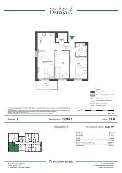 3 pokoje, mieszkanie 57,60 m², piętro 2, oferta nr C.2.17, Nowy Świat Ostoja II etap, Gdańsk, Barniewice, ul. Malinowa