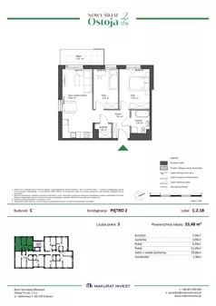3 pokoje, mieszkanie 53,48 m², piętro 2, oferta nr C.2.18, Nowy Świat Ostoja II etap, Gdańsk, Barniewice, ul. Malinowa