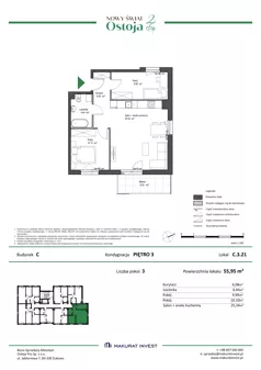 3 pokoje, mieszkanie 55,95 m², piętro 3, oferta nr C.3.21, Nowy Świat Ostoja II etap, Gdańsk, Barniewice, ul. Malinowa