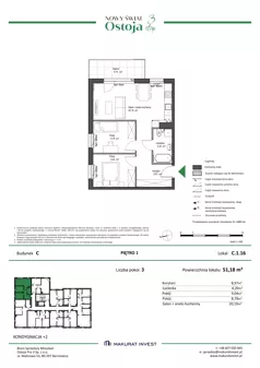 3 pokoje, mieszkanie 51,18 m², piętro 1, oferta nr C.1.16, Nowy Świat Ostoja III etap, Gdańsk, Osowa, Barniewice, ul. Malinowa